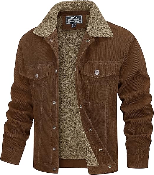 Men's Corduroy Jacket Winter Sherpa Lined Warm Thick Trucker Cargo Coat with 5 Pockets